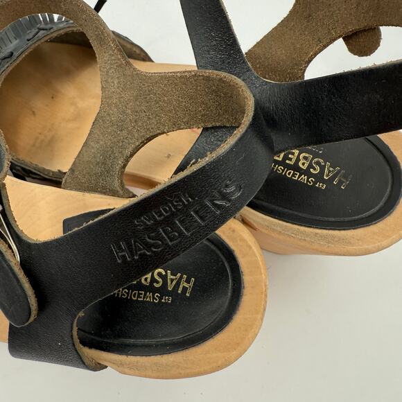 Swedish Hasbeens Size 39 (US 9) Fringe Black Leather Clog Sandal Heels Wood Shoe - Picture 7 of 16